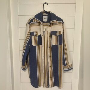 Aerie Small Shacket Jacket 100% Cotton Blue Yellow Cream Striped Unlined Jacket